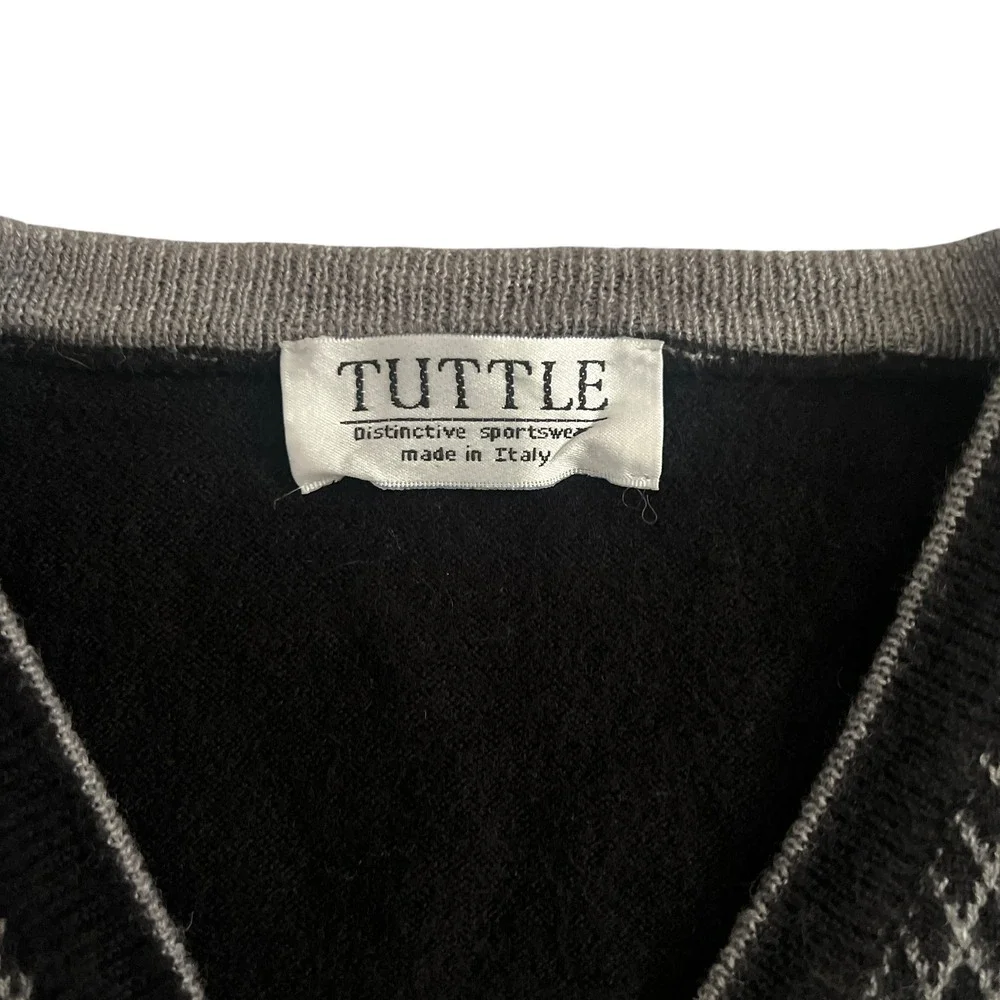 Vtg‎ Tuttle V Neck Sweater Mens M/L Black Gray Italian Preppy Luxury Classic